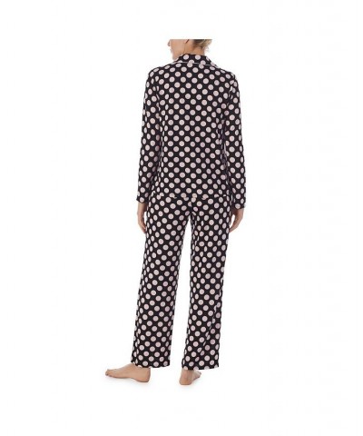 Women's Brushed Sweater Knit Notch Pajama Set Black with Pink Dots $36.96 Sleepwear