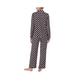 Women's Brushed Sweater Knit Notch Pajama Set Black with Pink Dots $36.96 Sleepwear