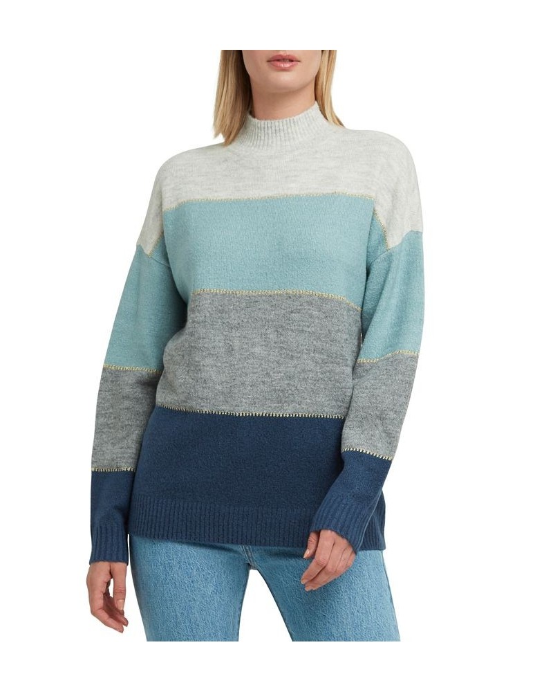 Women's Colorblocked Mock-Neck Long Sleeve Sweater Smokey Blue Combo $35.26 Sweaters