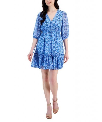 Women's Floral-Print 3/4-Sleeve Smocked-Waist Dress Cornflower/Blue $38.15 Dresses
