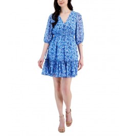 Women's Floral-Print 3/4-Sleeve Smocked-Waist Dress Cornflower/Blue $38.15 Dresses