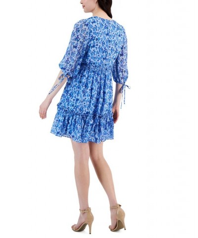 Women's Floral-Print 3/4-Sleeve Smocked-Waist Dress Cornflower/Blue $38.15 Dresses