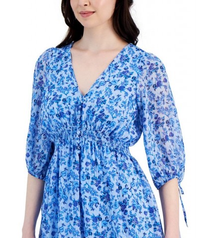 Women's Floral-Print 3/4-Sleeve Smocked-Waist Dress Cornflower/Blue $38.15 Dresses