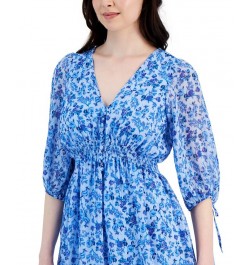 Women's Floral-Print 3/4-Sleeve Smocked-Waist Dress Cornflower/Blue $38.15 Dresses