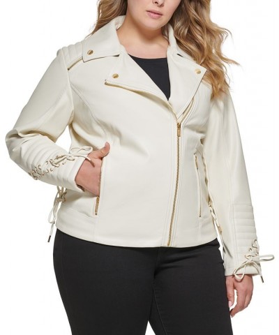 Women's Plus Size Faux-Leather Asymmetric Moto Coat Ivory/Cream $48.00 Coats