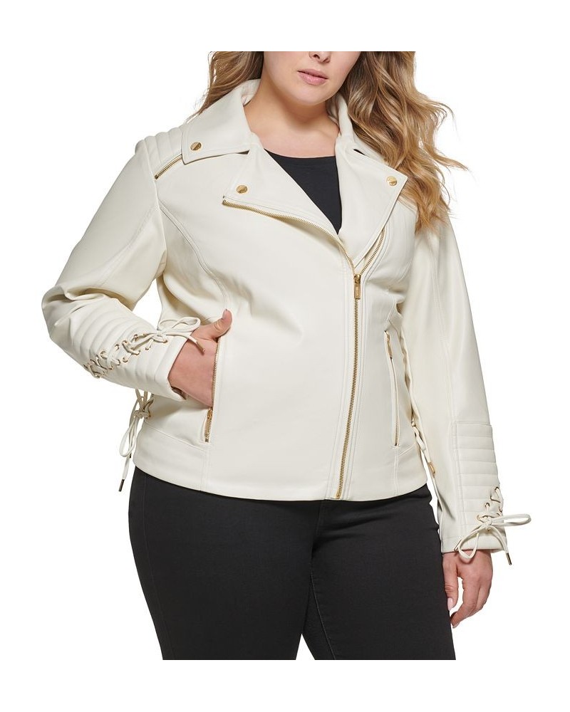 Women's Plus Size Faux-Leather Asymmetric Moto Coat Ivory/Cream $48.00 Coats