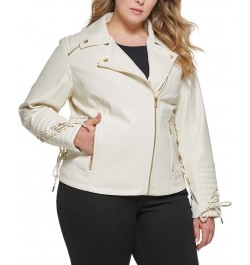 Women's Plus Size Faux-Leather Asymmetric Moto Coat Ivory/Cream $48.00 Coats