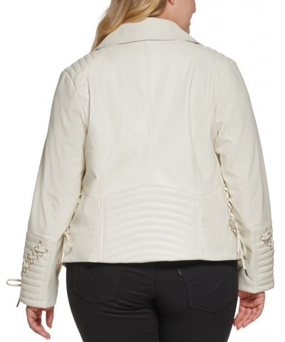 Women's Plus Size Faux-Leather Asymmetric Moto Coat Ivory/Cream $48.00 Coats