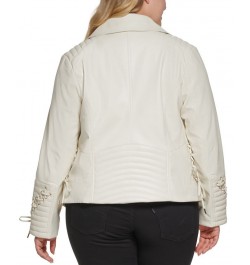 Women's Plus Size Faux-Leather Asymmetric Moto Coat Ivory/Cream $48.00 Coats