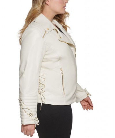 Women's Plus Size Faux-Leather Asymmetric Moto Coat Ivory/Cream $48.00 Coats