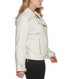 Women's Plus Size Faux-Leather Asymmetric Moto Coat Ivory/Cream $48.00 Coats