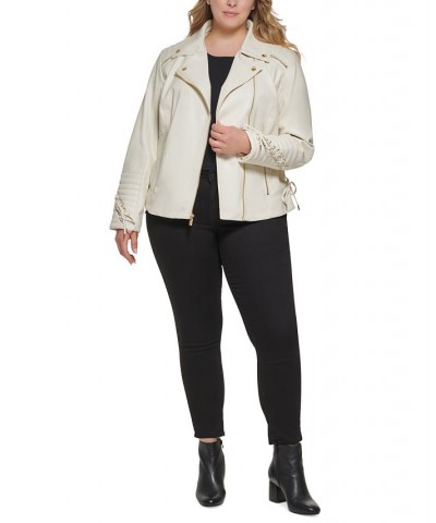 Women's Plus Size Faux-Leather Asymmetric Moto Coat Ivory/Cream $48.00 Coats