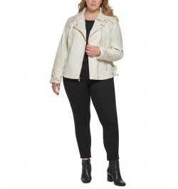 Women's Plus Size Faux-Leather Asymmetric Moto Coat Ivory/Cream $48.00 Coats