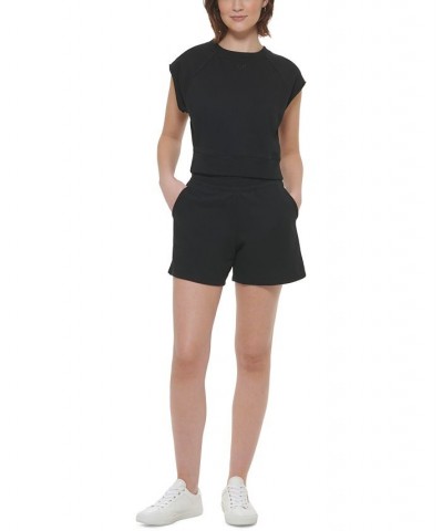 Women's Ribbed-Trim Cap-Sleeve Pullover Sweatshirt Black $20.85 Tops