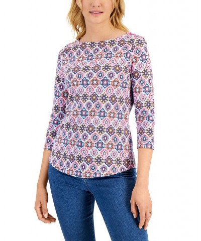 Petite Cotton Marleen Tile-Print 3/4-Sleeve T-Shirt Basic Pink Combo $12.00 Tops