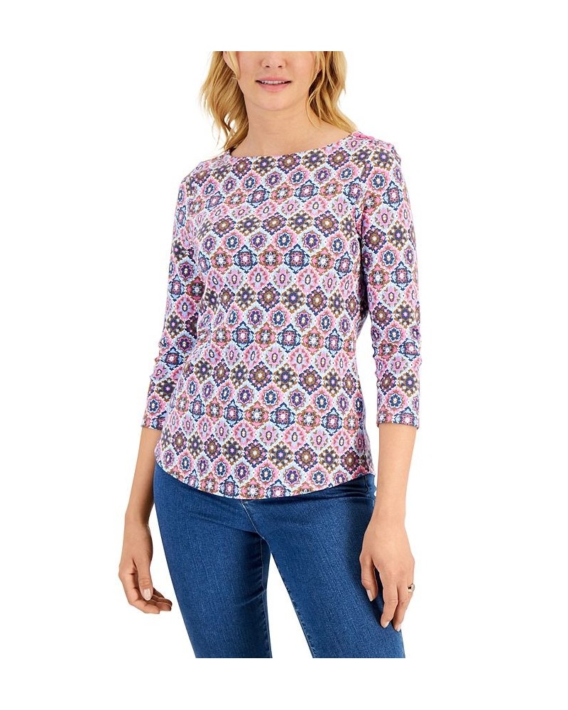 Petite Cotton Marleen Tile-Print 3/4-Sleeve T-Shirt Basic Pink Combo $12.00 Tops