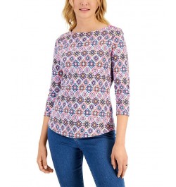 Petite Cotton Marleen Tile-Print 3/4-Sleeve T-Shirt Basic Pink Combo $12.00 Tops