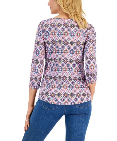 Petite Cotton Marleen Tile-Print 3/4-Sleeve T-Shirt Basic Pink Combo $12.00 Tops