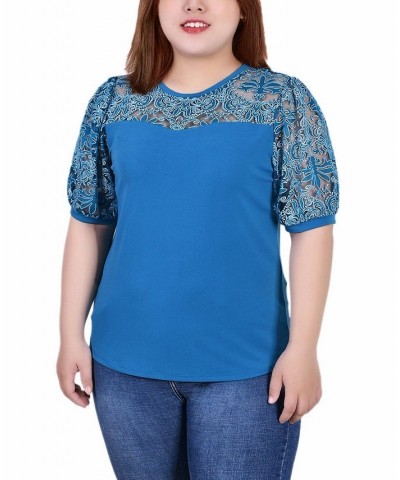 Plus Size Puff Lace-Sleeve Top Blue $14.08 Tops