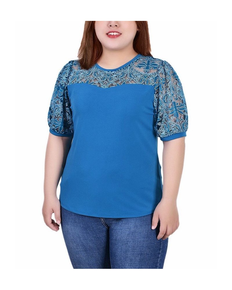 Plus Size Puff Lace-Sleeve Top Blue $14.08 Tops