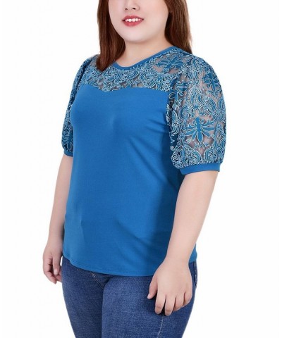 Plus Size Puff Lace-Sleeve Top Blue $14.08 Tops