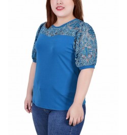 Plus Size Puff Lace-Sleeve Top Blue $14.08 Tops