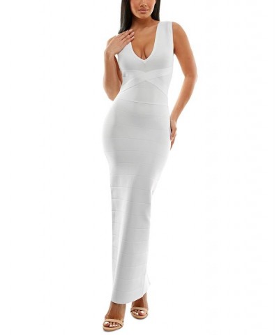 Bandage-Textured V-Neck Evening Gown Ivory/Cream $61.16 Dresses