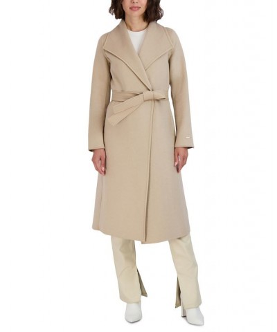 Women's Faux-Leather-Trim Belted Wrap Coat Tan/Beige $91.20 Coats