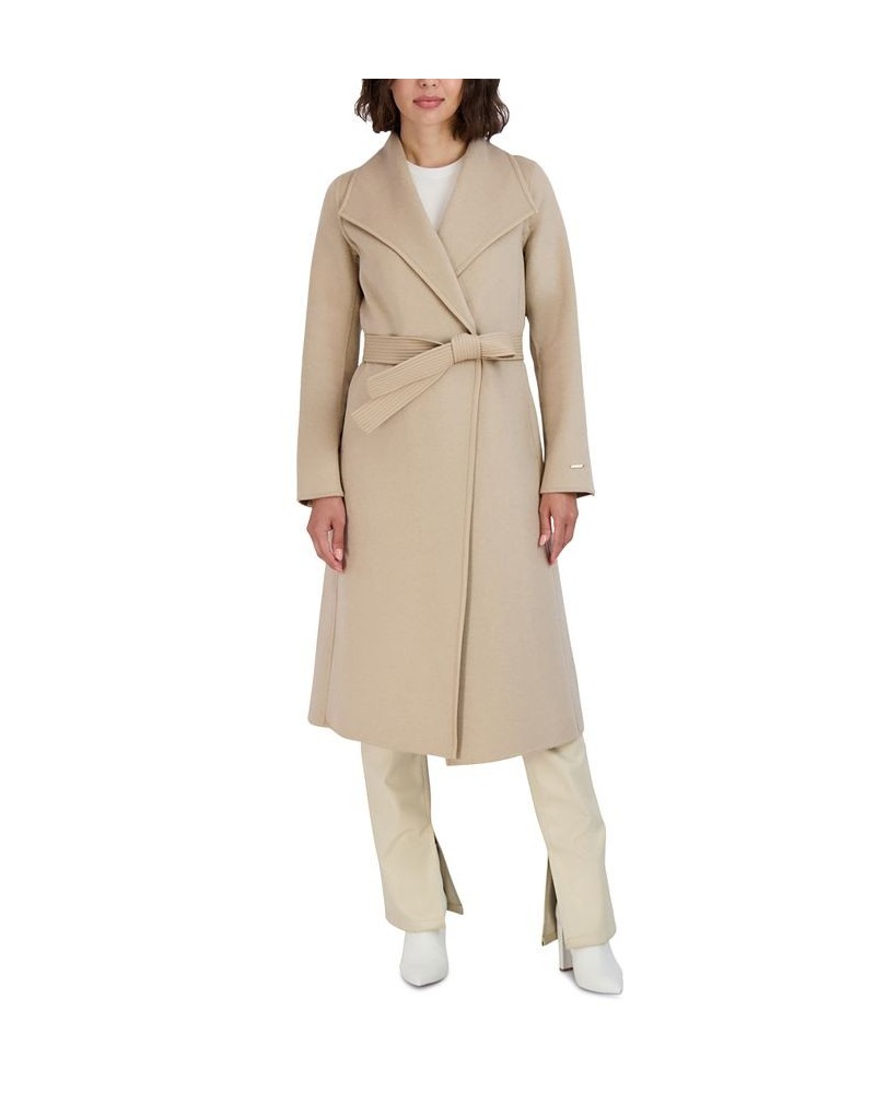 Women's Faux-Leather-Trim Belted Wrap Coat Tan/Beige $91.20 Coats