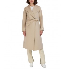 Women's Faux-Leather-Trim Belted Wrap Coat Tan/Beige $91.20 Coats