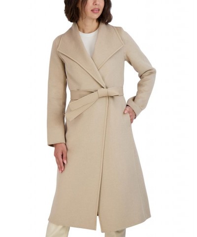 Women's Faux-Leather-Trim Belted Wrap Coat Tan/Beige $91.20 Coats