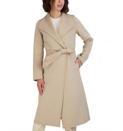 Women's Faux-Leather-Trim Belted Wrap Coat Tan/Beige $91.20 Coats