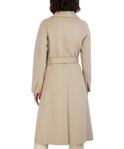 Women's Faux-Leather-Trim Belted Wrap Coat Tan/Beige $91.20 Coats