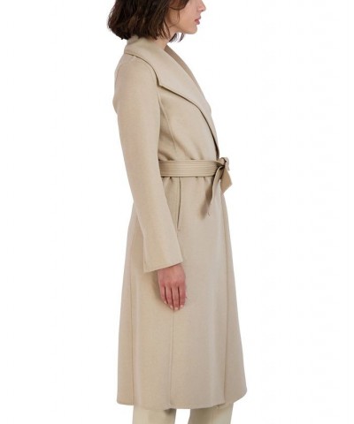 Women's Faux-Leather-Trim Belted Wrap Coat Tan/Beige $91.20 Coats