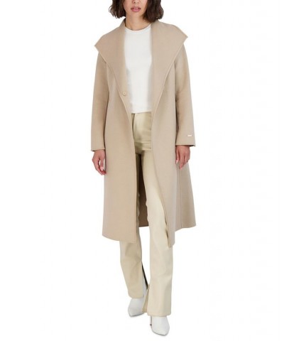 Women's Faux-Leather-Trim Belted Wrap Coat Tan/Beige $91.20 Coats