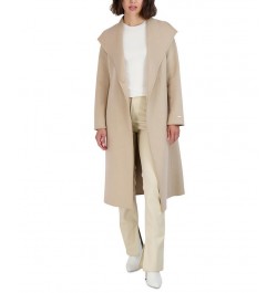 Women's Faux-Leather-Trim Belted Wrap Coat Tan/Beige $91.20 Coats