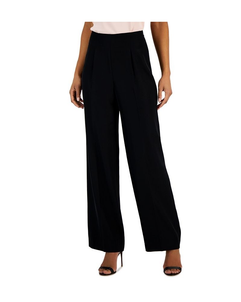 Women's Crepe De Chine High-Rise Wide-Leg Pants With Pleats Black $34.21 Pants