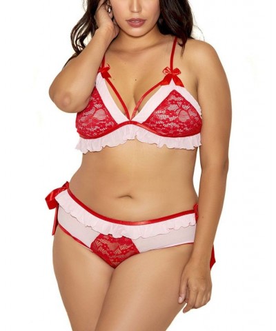 Plus Size I'm Yours Lace and Ruffle 2 Piece Lingerie Set Pink $33.00 Lingerie