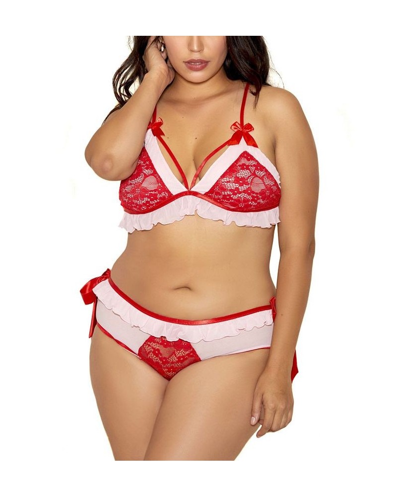 Plus Size I'm Yours Lace and Ruffle 2 Piece Lingerie Set Pink $33.00 Lingerie