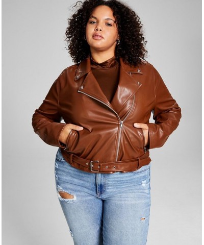 Trendy Plus Size Faux-Leather Moto Jacket Brown $24.26 Jackets
