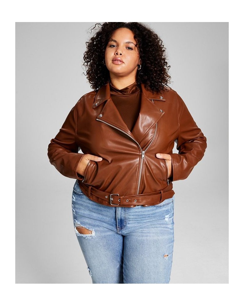 Trendy Plus Size Faux-Leather Moto Jacket Brown $24.26 Jackets