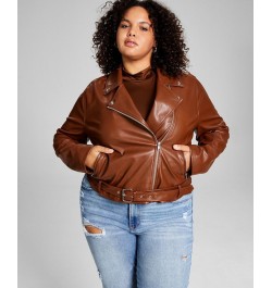 Trendy Plus Size Faux-Leather Moto Jacket Brown $24.26 Jackets