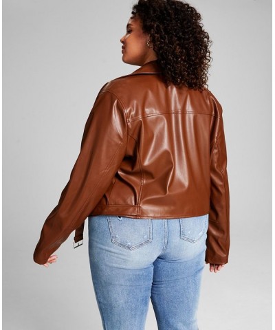 Trendy Plus Size Faux-Leather Moto Jacket Brown $24.26 Jackets