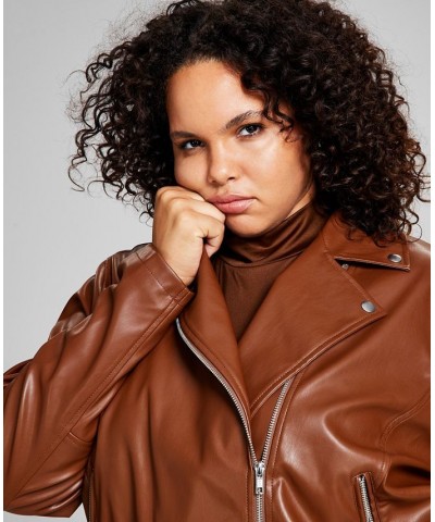 Trendy Plus Size Faux-Leather Moto Jacket Brown $24.26 Jackets