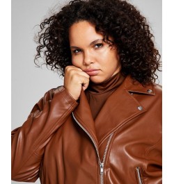 Trendy Plus Size Faux-Leather Moto Jacket Brown $24.26 Jackets