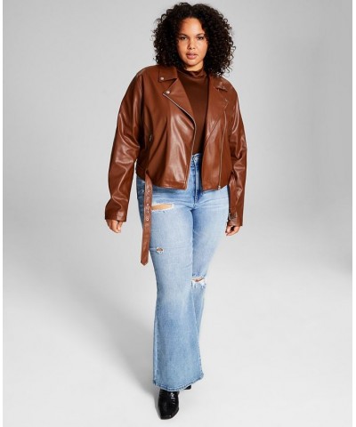 Trendy Plus Size Faux-Leather Moto Jacket Brown $24.26 Jackets