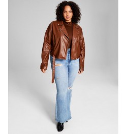 Trendy Plus Size Faux-Leather Moto Jacket Brown $24.26 Jackets