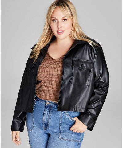 Trendy Plus Size Cropped Faux-Leather Shacket Black $18.87 Jackets