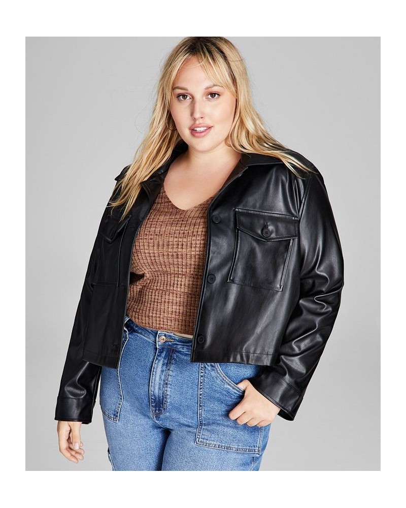 Trendy Plus Size Cropped Faux-Leather Shacket Black $18.87 Jackets