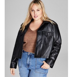 Trendy Plus Size Cropped Faux-Leather Shacket Black $18.87 Jackets